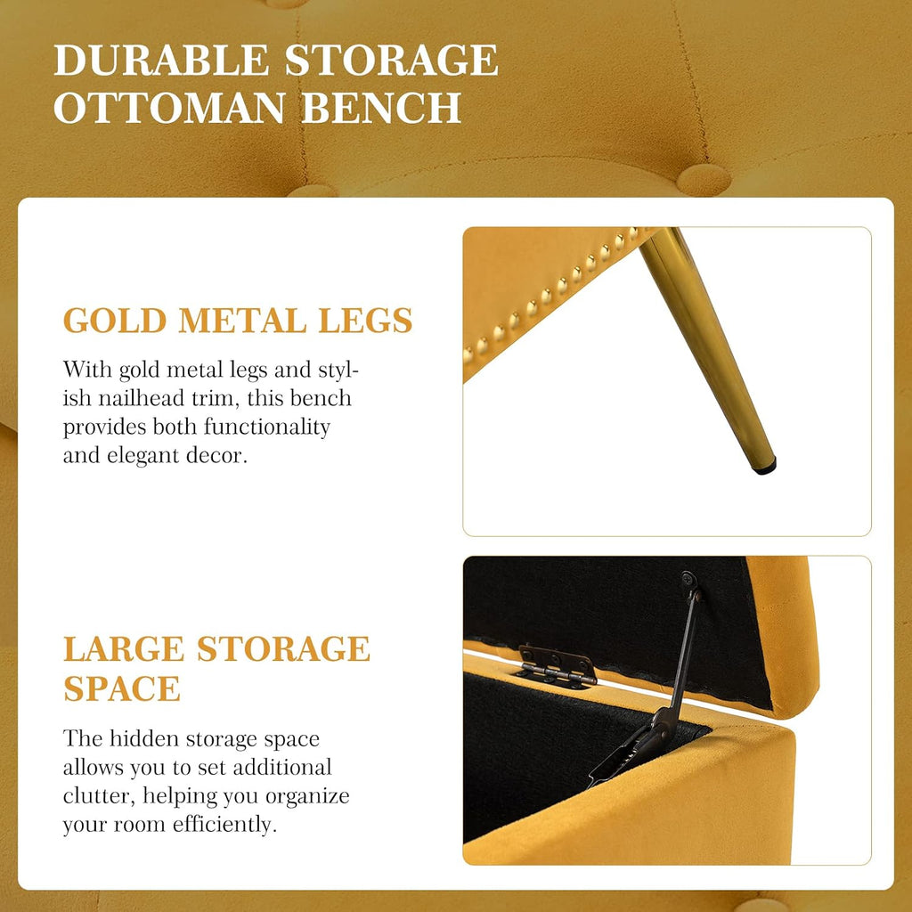 Modern Velvet Storage Ottoman Bench with Gold Base & Nailhead Trim, Upholstered Bedroom Bench for End of Bed