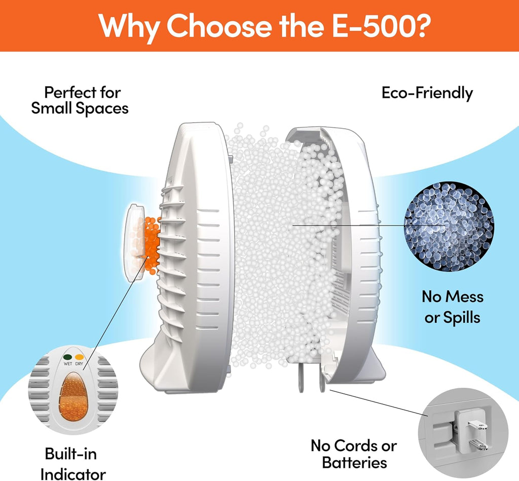 E-500 Renewable Dehumidifier 2-Pack (6 - 8 oz Capacity Each), White - Ideal for Closets, Bathrooms, Safes, Boats