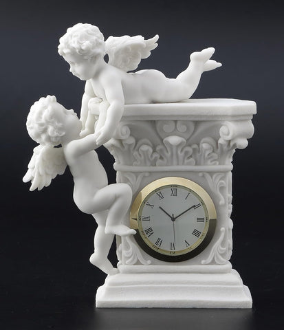 6.5 Inch Cherub Playtime Mantle Clock Resin Sculpture Marble White Finish A134-B0CP27F96T