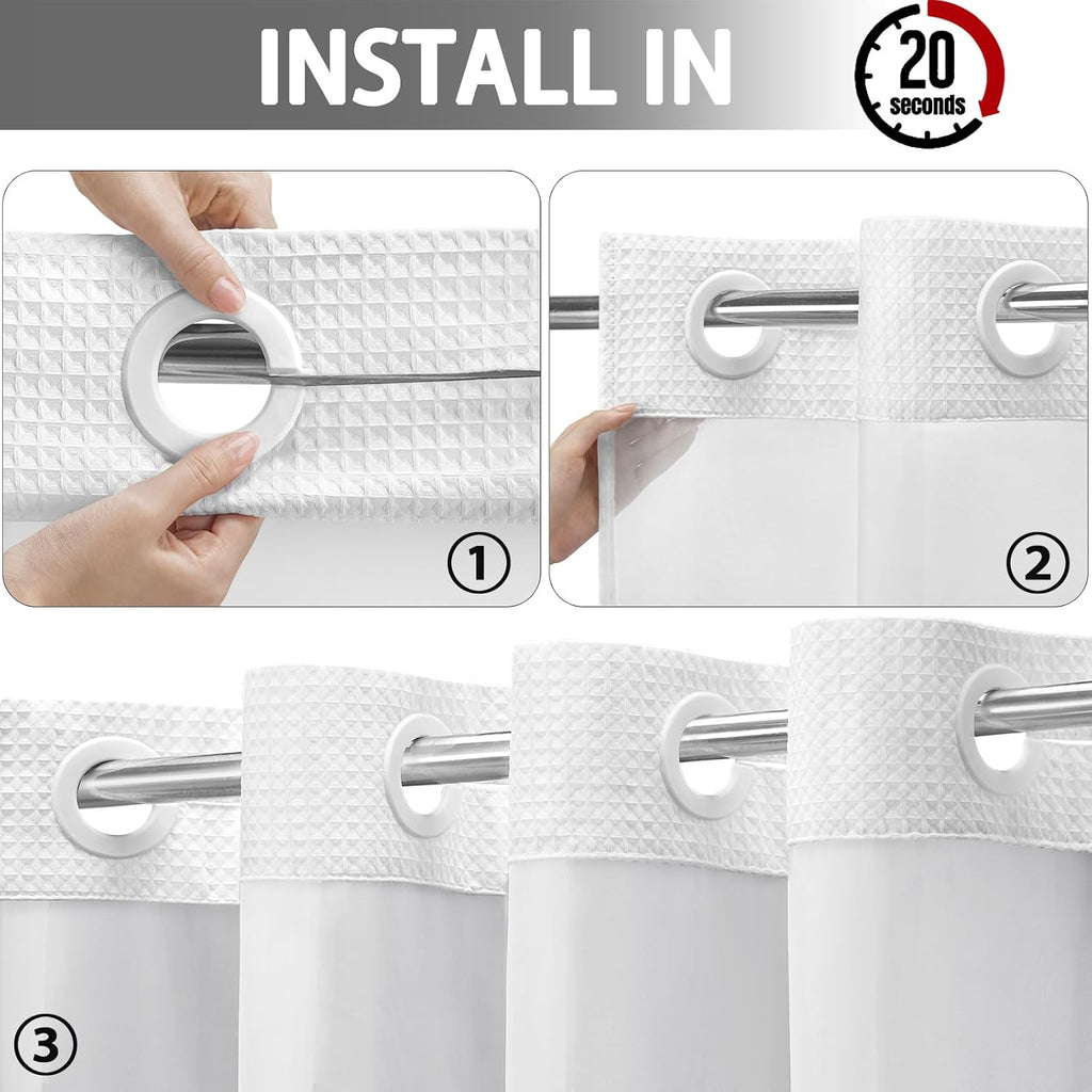 No Hook Shower Curtain with Snap in Fabric Liner,Waffle Hotel Style Waterproof Bathroom Curtain Set White 75" L x 72"