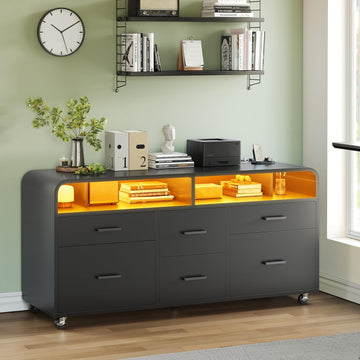 6 Drawers File Cabinet with Power Strip fits Legal/Letter/A4 Size | 47" Wood Mobile Lateral Filing Cabinet , Printer