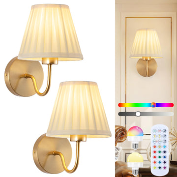 Vintage Battery Operated Wall Sconces Set of 2, Pleated Fabric Shade Gold Wall Lamp with Remote Control, Cordless
