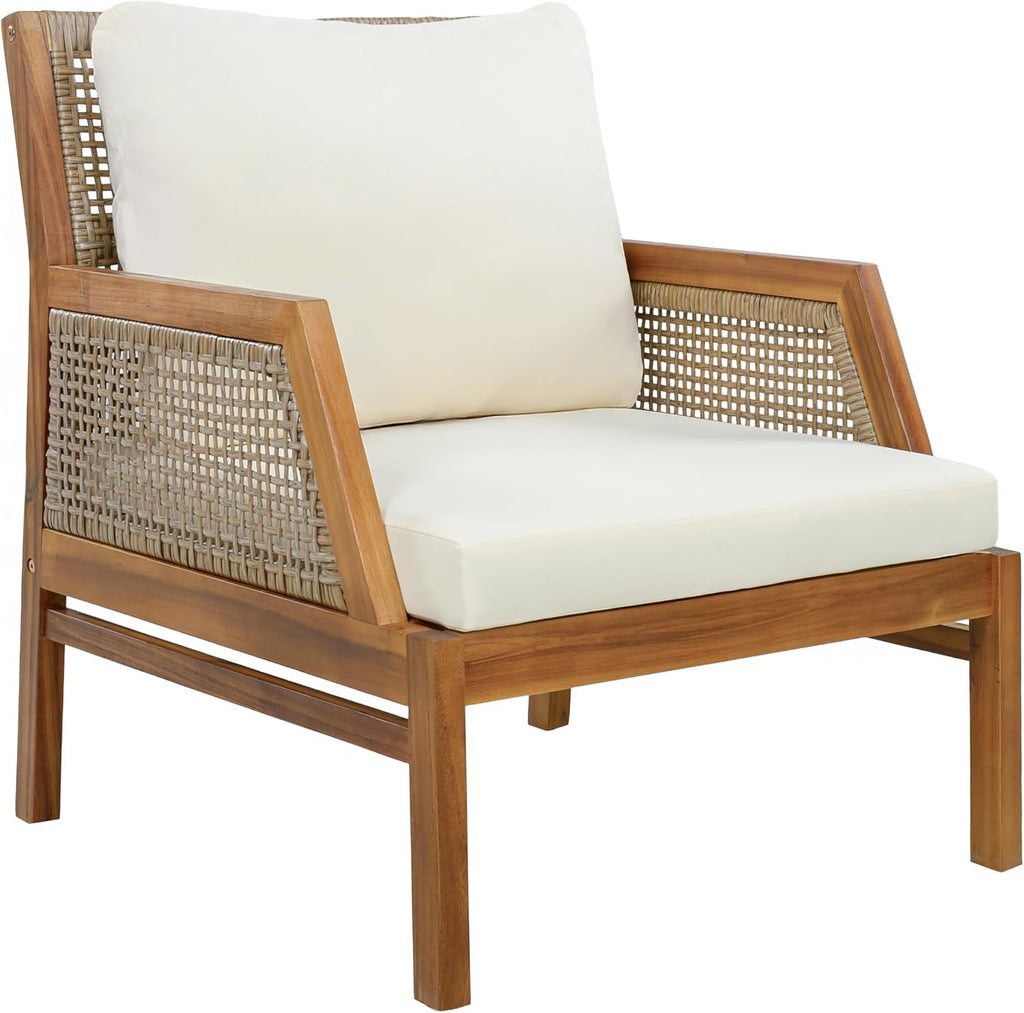 4-Piece Acacia Wood Patio Furniture Set, Outdoor Wicker Furniture Sectional Sofa Set with Coffee Table, 5 Seats Sofa