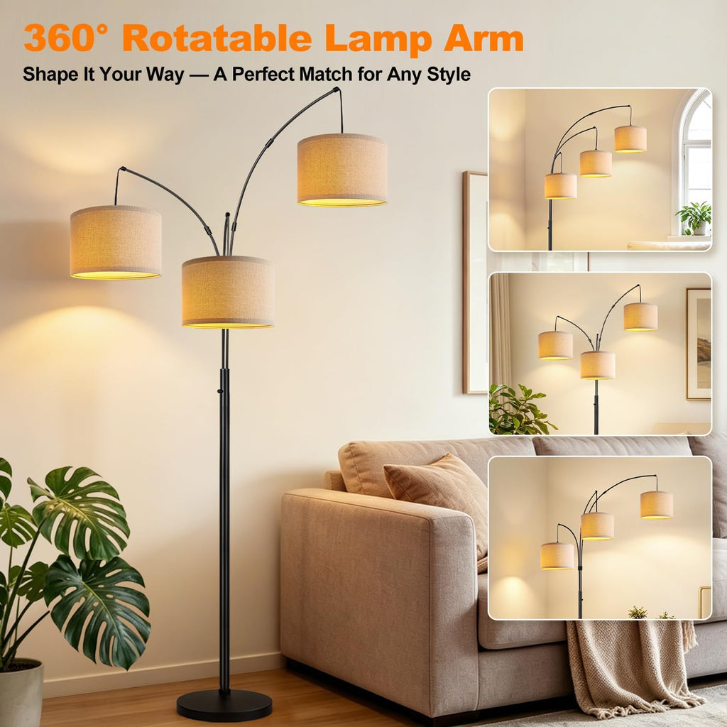 Dimmable 3 Lights Floor Lamp - 3000LM Super Bright Arc Floor Lamps, Modern Tall Standing Lamp With Beige Shades