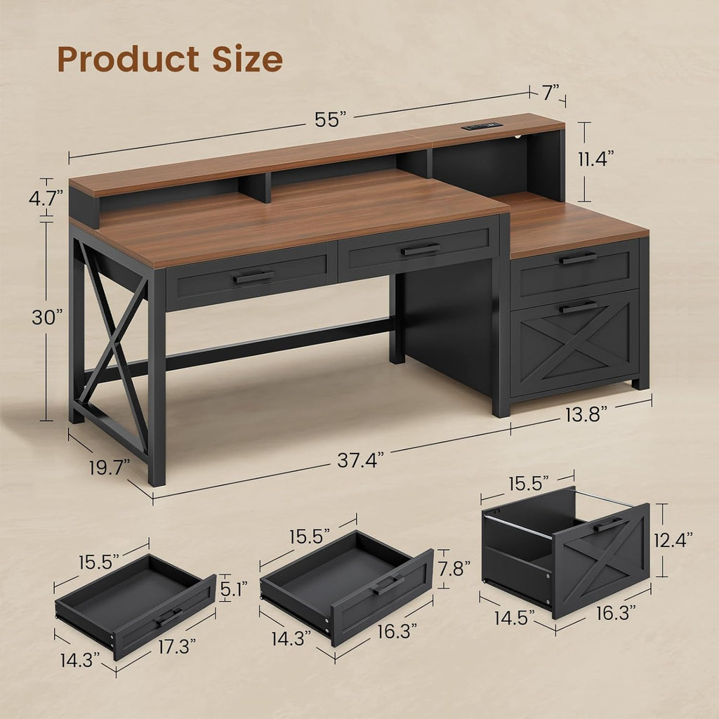 Farmhouse Home Office Desk with File Drawer & Power Outlet, Computer Desk with 4 Drawer, Storage Shelves