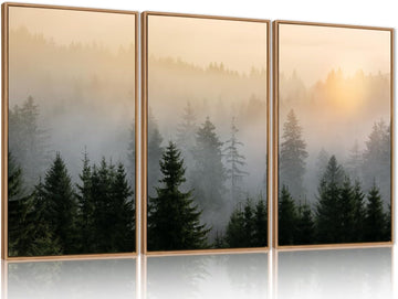 Misty Forest Wall Art Canvas Set, Framed Mountain Wall Decor, 3 Piece Nature Wall Painting, Foggy Pine Tree Landscape