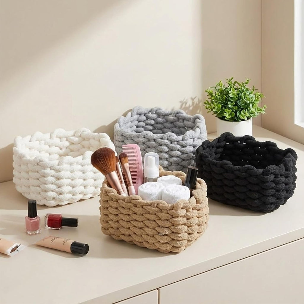 Small Woven Decorative Baskets, 4pcs Mini Cotton Rope Basket Set for Storage, Woven Square Baskets for Organizing