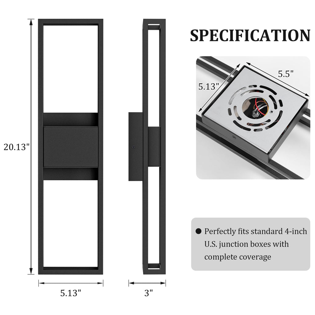 20 Inch Modern Outdoor Wall Light 3000K 16W Integrated LED, IP65 Waterproof Matte Black Exterior Lighting