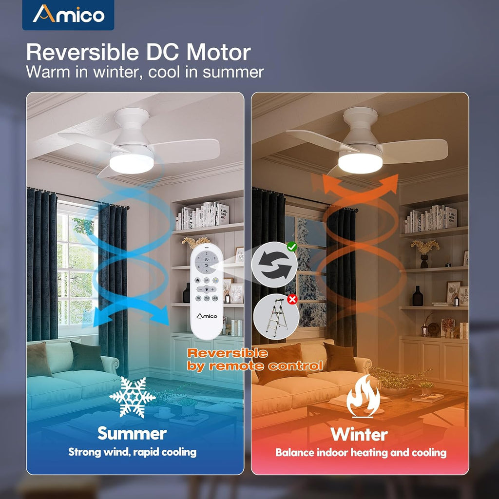 Ceiling Fans with Lights, 30 inch Low Profile Ceiling Fan with Light and Remote Control, Flush Mount, Reversible, 3CCT, Dimmable, Noiseless, White Ceiling Fan for Bedroom, Indoor/Outdoor Use
