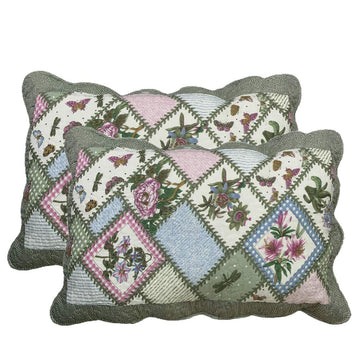 2-Piece Boho Cotton Quilted Bed Pillow Shams Floral Printed Patchwork Pillow Shams Set, Standard Size (304, 20"x28")