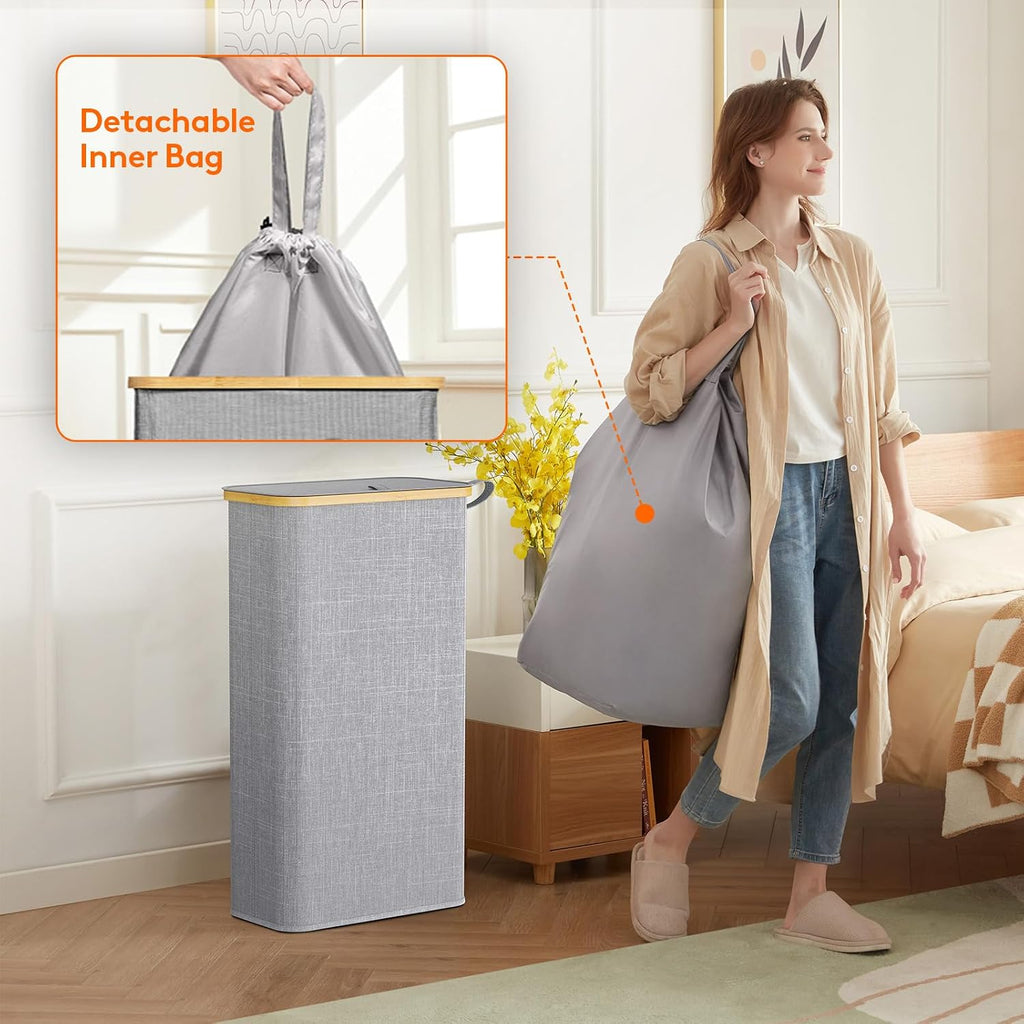65L Slim Laundry Hamper with Lid, Narrow Laundry Basket with Removable Bag & Bamboo Handles, Fodable Thin Dirty
