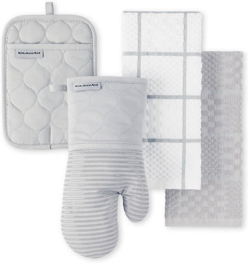 Quilted Cotton Terry Cloth Oven Mitt, Pot Holder, Kitchen Towel 4-Pack Set, Heat Resistant, Silicone Grip, 16"x26"