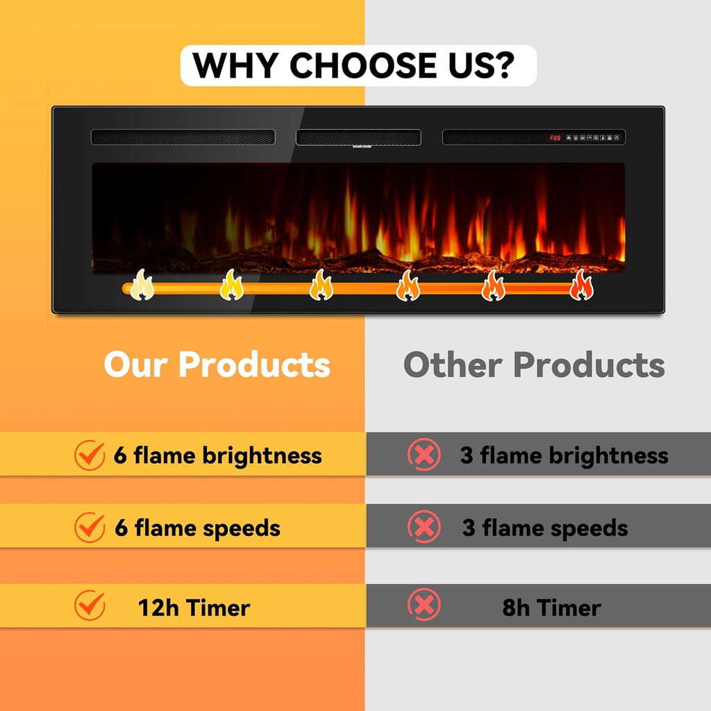 60 Inch Electric Fireplace in-Wall Recessed and Wall Mounted
