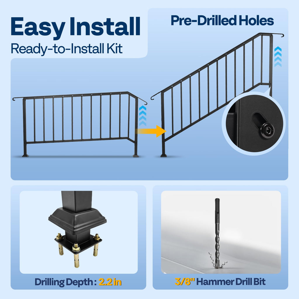 6-Step Hand Rails for Outdoor Steps with Curved Ends and Balusters