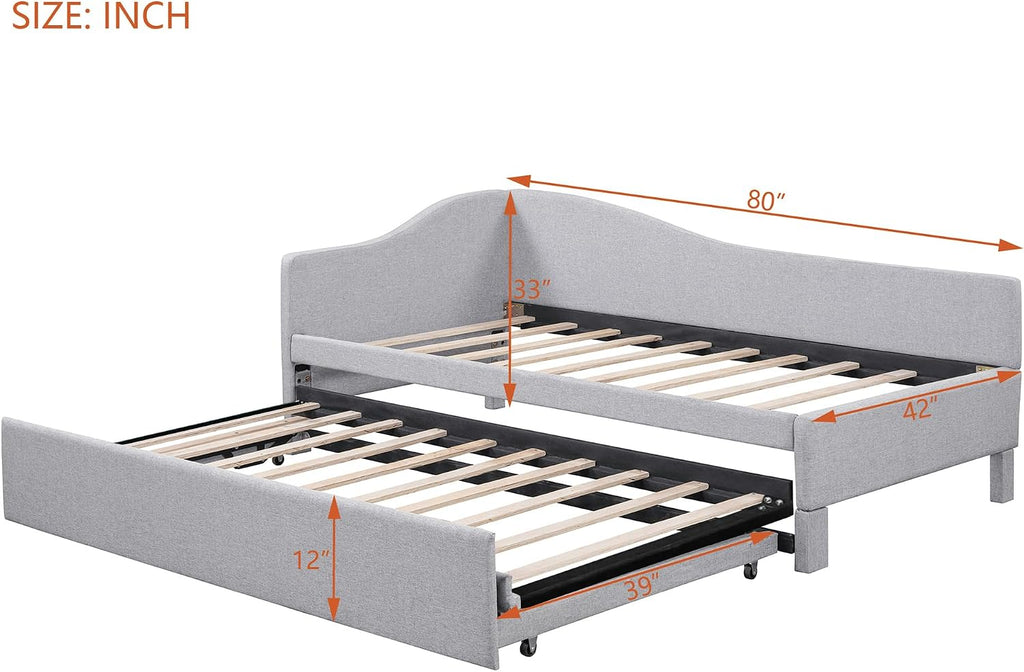 Twin Size Daybed with Pop up Trundle,Linen Upholstered Day Bed Frame with Wood Slats,Extendable Trundle Bed,Twin to