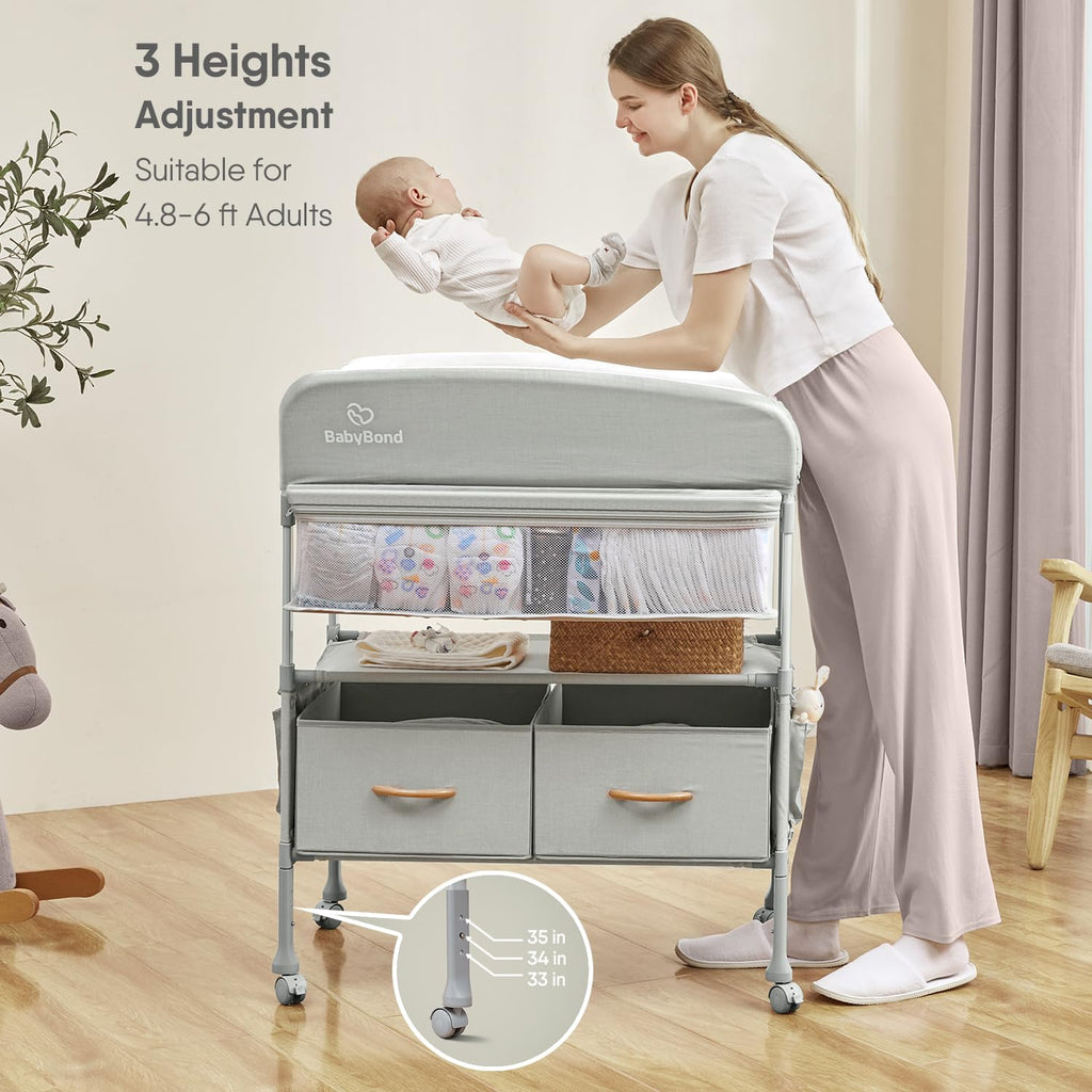 Portable Baby Changing Table with 2 Storage Baskets (Beige) | Large Storage Foldable Changing Table for Infant and