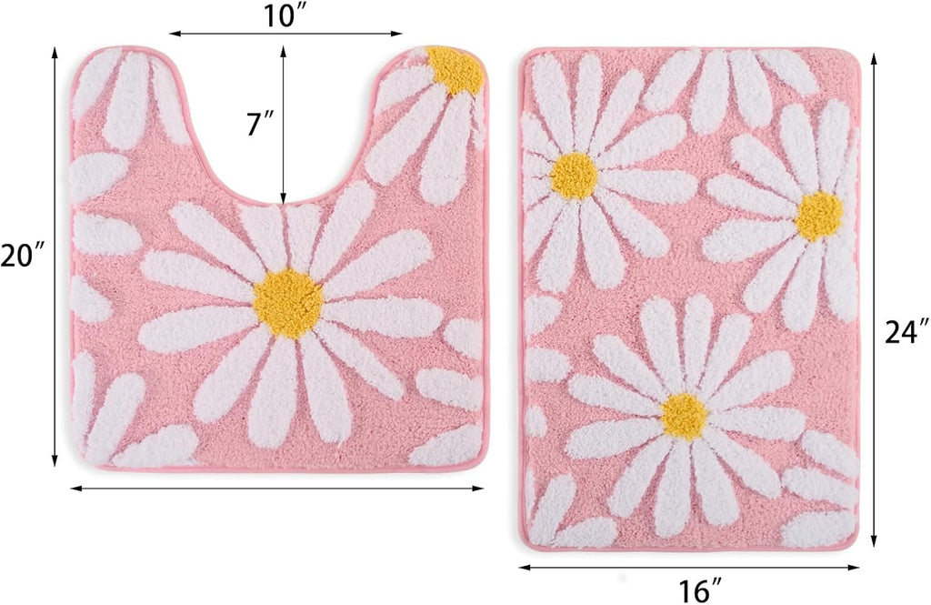 Bathroom Rugs Sets 2 Piece Cute Daisy Bath Mat Pink Toilet Rug U Shaped, Flower Deocr Bathroom Set Non Slip Contour