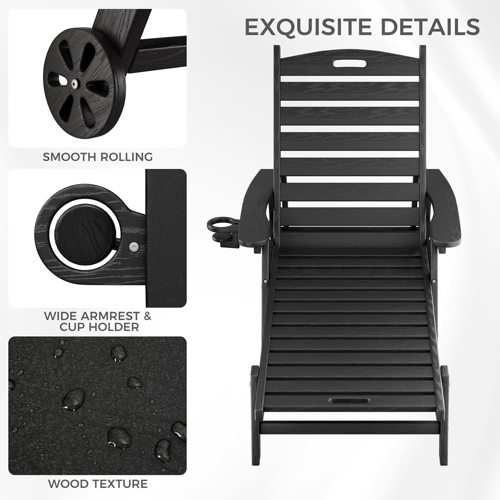 HDPE Pool Lounge Chairs Set of 2 with Wheels & Cup Holder, 6-Position Adjustable Outdoor Lounge Chair, Easy 20-Min
