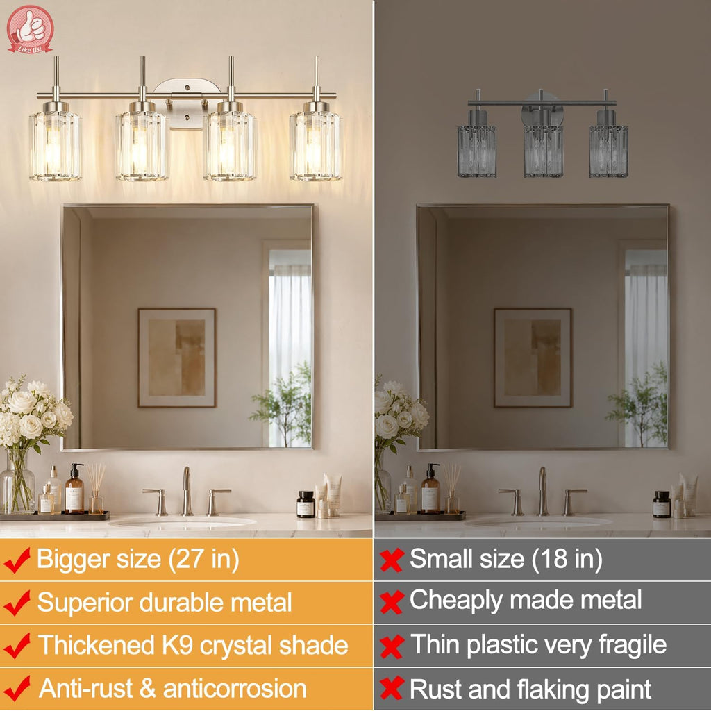 Modern Crystal Vanity Light Fixtures, 4-Light Brushed Nickel Bathroom Vanity Lighting Over Mirror, Bathroom Light