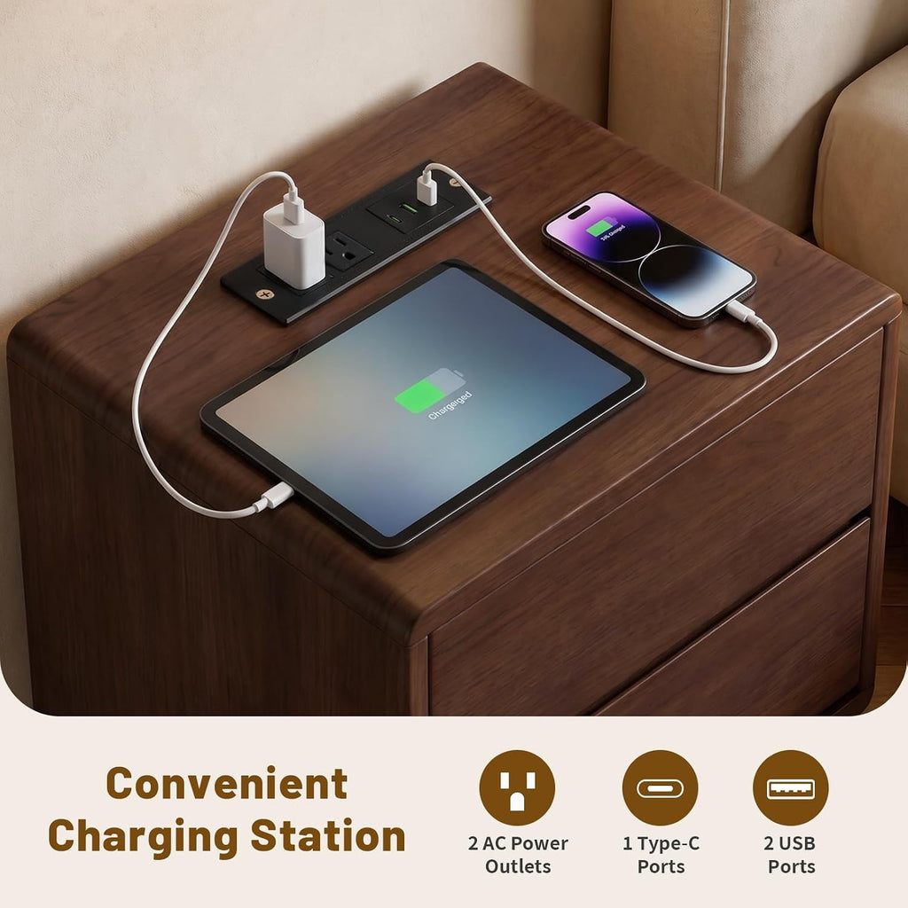 Solid Wood Nightstand with Charging Station,USB-C Port, 15.7 inch Wide End Table with 2 Drawers, Modern Wood Bedside