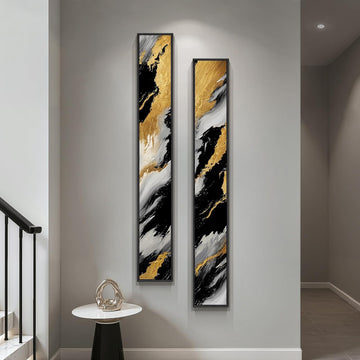 Framed Long Narrow Vertical Abstract Wall Art Set, 2 Piece Black White Gold Luxury Modern Canvas Prints Paintings