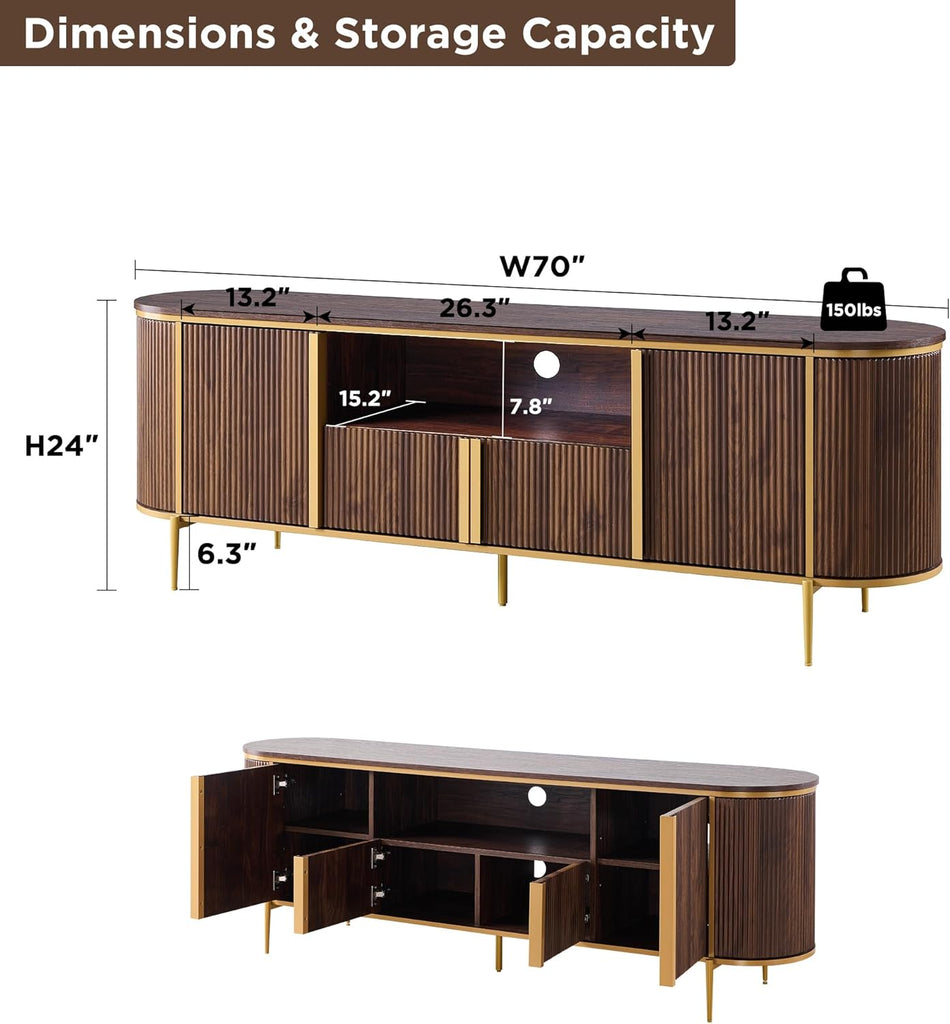 70" Fluted TV Stand with Storage, Faux Marble Top Entertainment Center for TVs Up to 80", Modern Curved Edge Media