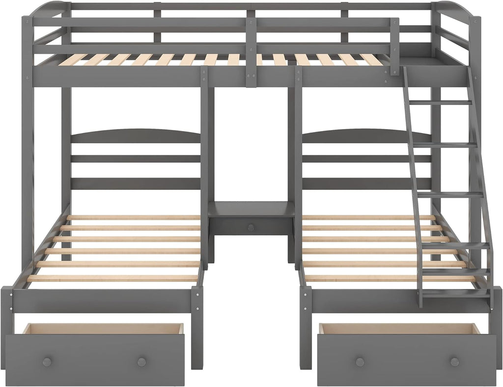 Full Over Twin Bunk Bed Frame,Triple Bunk Bed with Drawers, Gray
