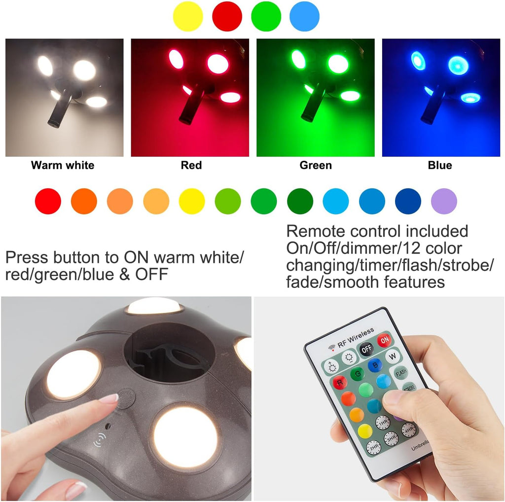 Patio Umbrella Light Battery Operated, Outdoor Table Umbrella Lights with Remote and Timer, Color Changing Pole Light