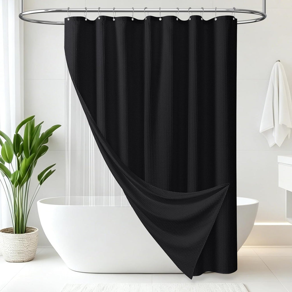 3 in 1 Waffle Shower Curtain Set with PEVA Liner 72Wx72H Black | 256GSM Heavy Duty Fabric, Waterproof Clear Liner