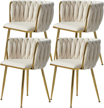 Velvet Dining Chairs Set of 4, Modern Dining Chair with Golden Metal Legs, Woven Upholstered Dining Chairs for Dining