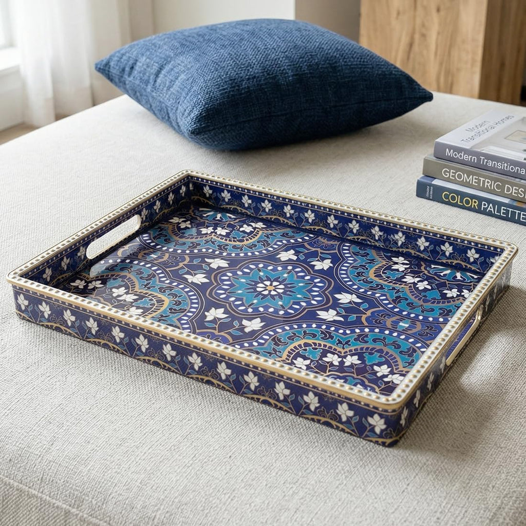 Boho Serving Tray with Handles, Large Rectangular Decorative Ottoman Tray with Gold Beaded Rim, Blue Floral Mandala