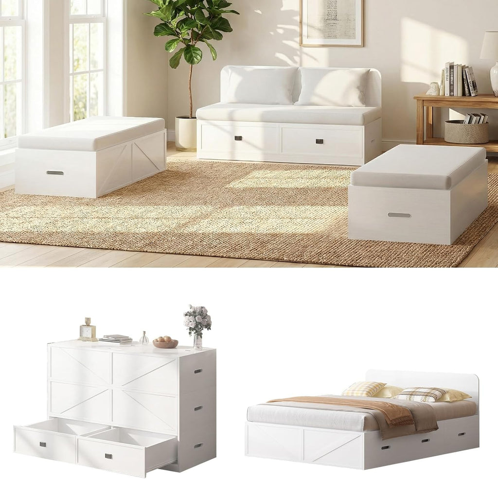 Murphy Bed Queen with Mattress Include，Queen Murphy Bed with Storage Drawers，Multi-Functional Desgin that Converts to
