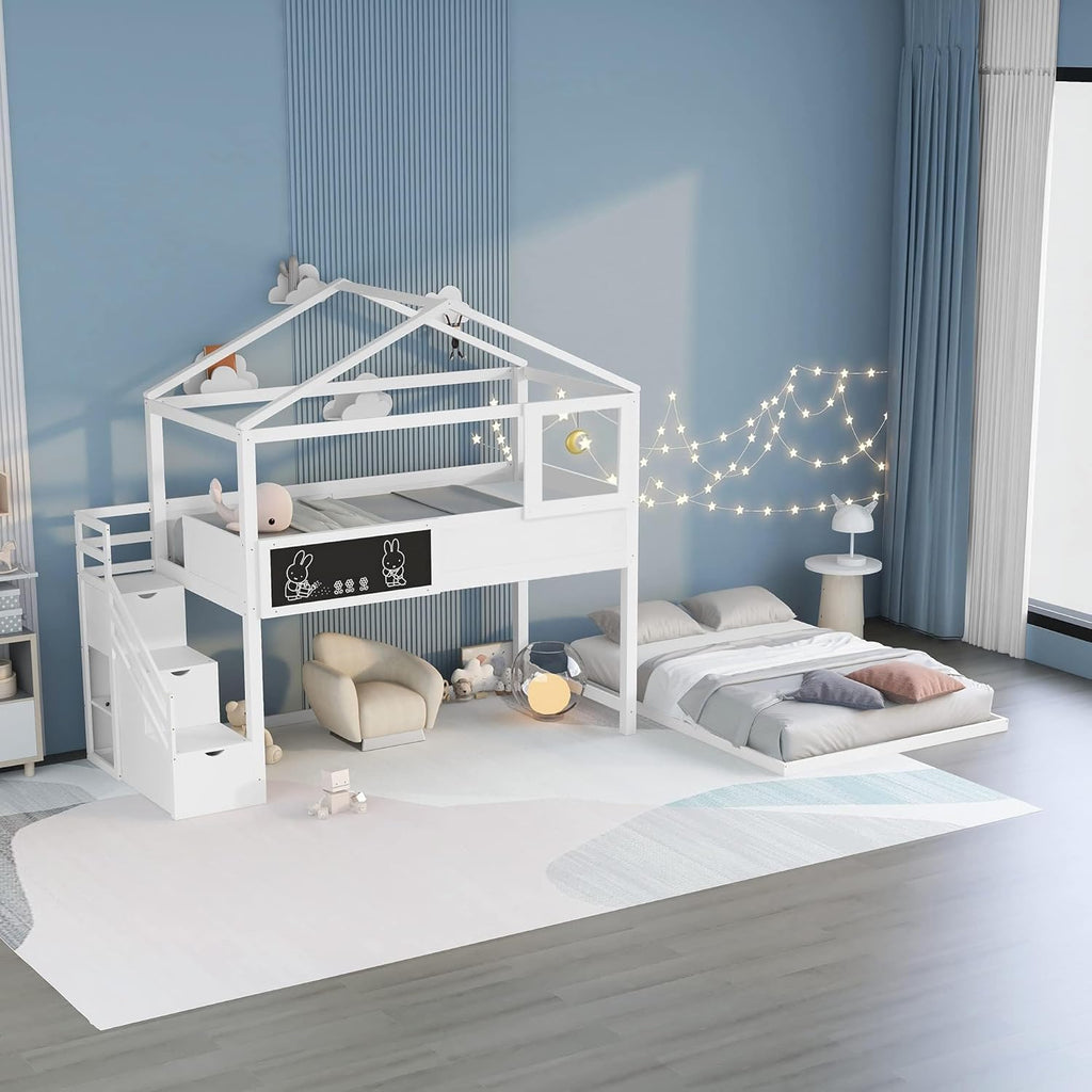 Wood Twin Over Full House Bunk Bed with Ladder, Solid Pine Wood Bunk Bed Frame with Safety Guardrails