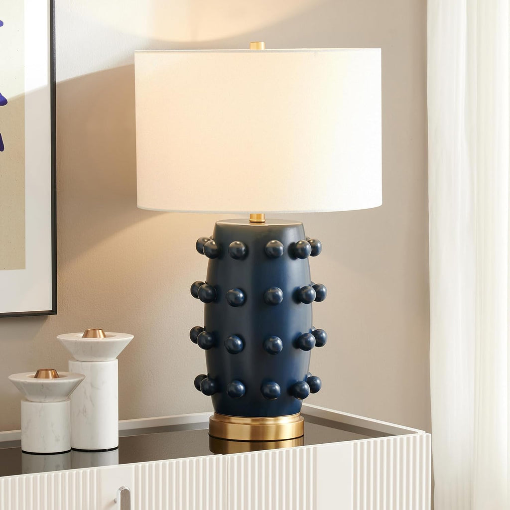 25.5'' Modern 1-Light Ceramic Table Lamp with Spherical Orbs on Lamp Body with White Fabric Drum Shade, or Office
