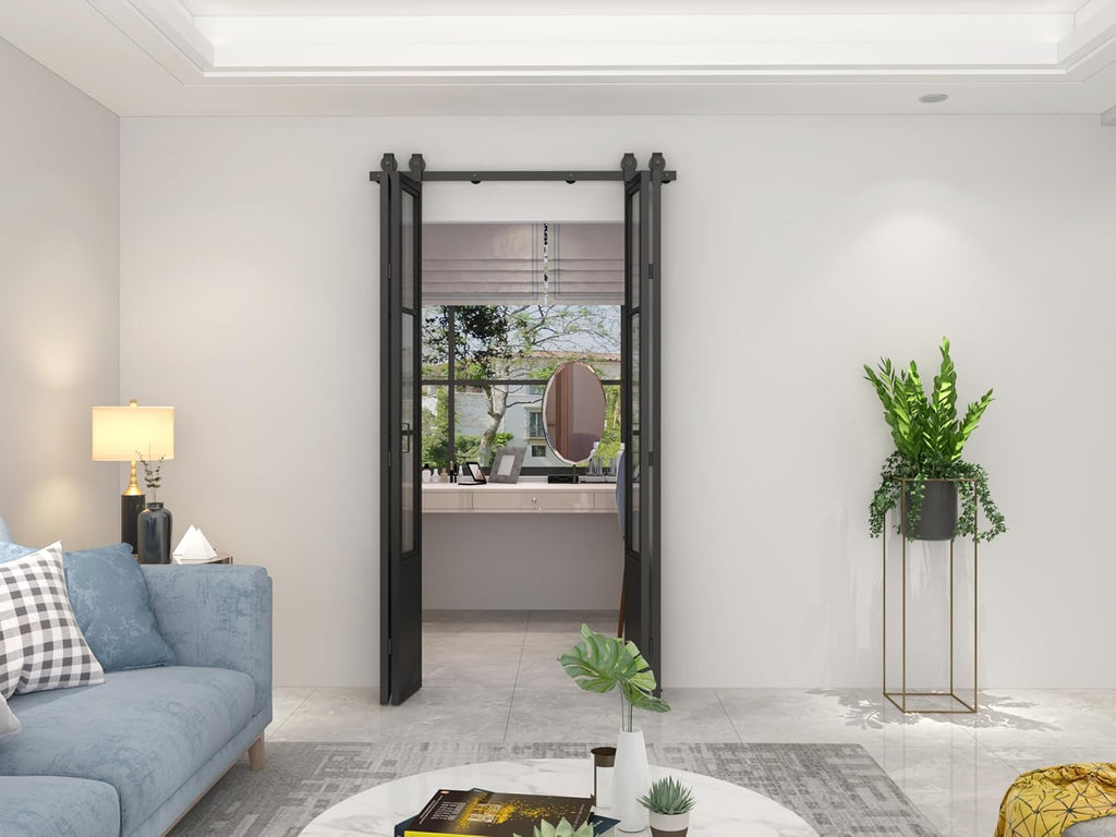 48 in. x 84 in. 3/4 Lites Frosted Glass Black Steel Frame Double Bi-Fold Barn Doors with Hardware Ki