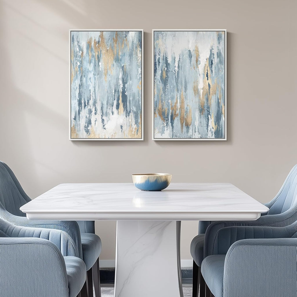 Large White Framed Blue and Gold Abstract Wall Art, 24x36 - Set of 2