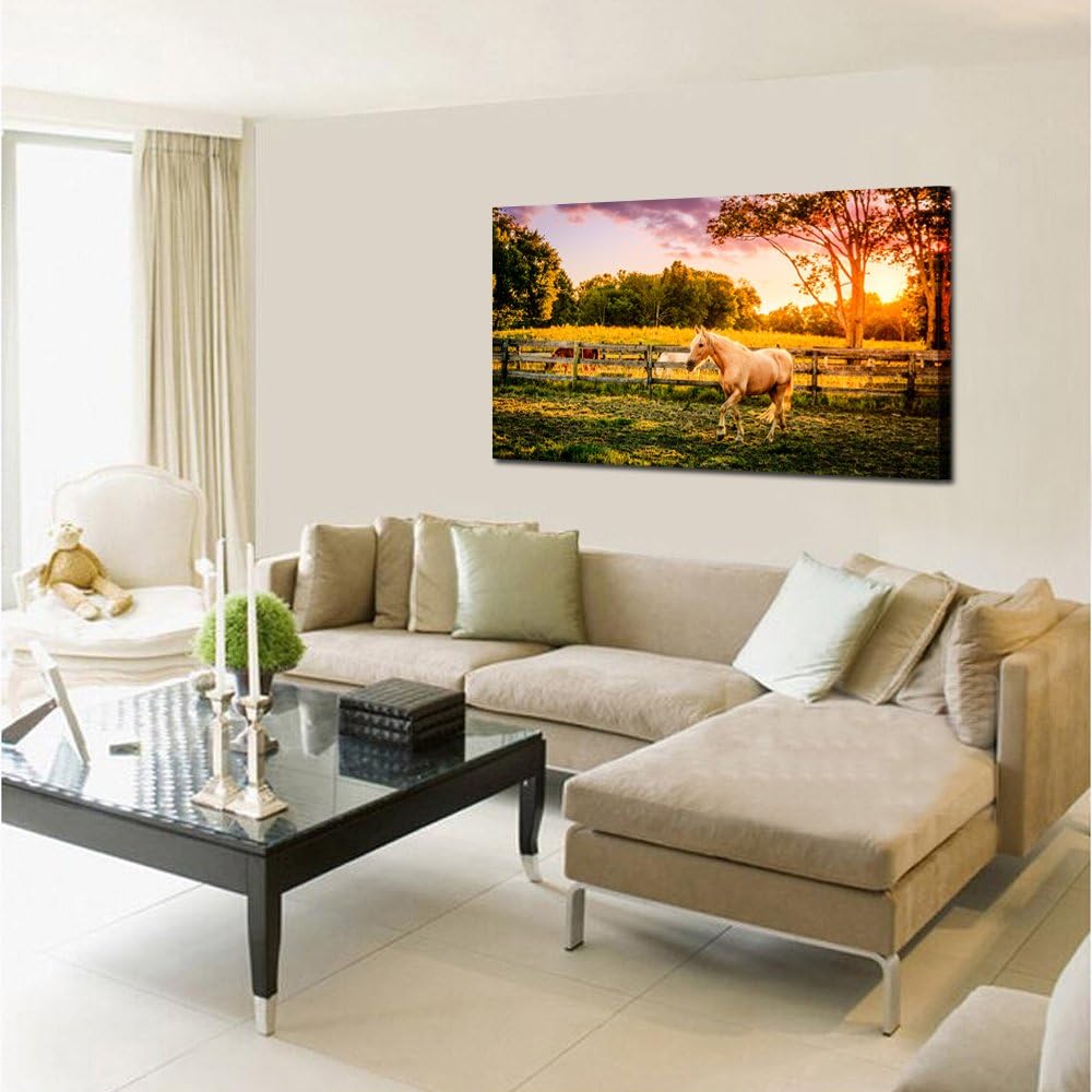 Large Size Horse of a Farm Canvas Prints Wall Art Picture Modern Sunset Landscape Wild Animal High Definition Print