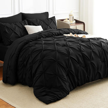 Comforter Set 7 Pieces Bed in A Bag Black Luxury Soft Bed Set Pintuck Pinch Pleat Bedding Sets
