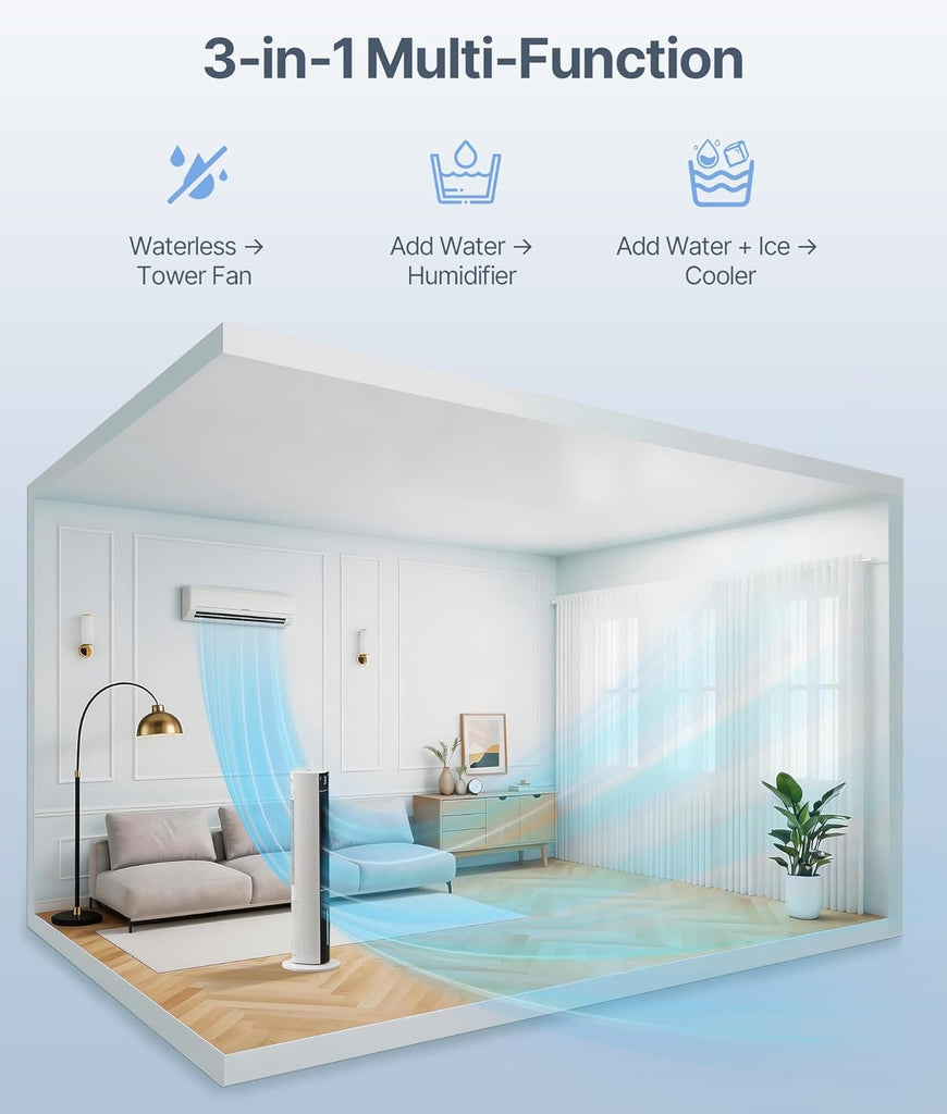 Evaporative Air Swamp Cooler - 38inch Cooling Fans that Blow Cold Air, Portable Tower Fan with 3L Water Tank
