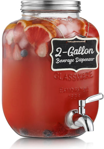 2 Gallon Glass Beverage Dispenser, 18/8 Stainless Steel Spigot and Lid - Glass Drink Dispensers for Parties - Mason