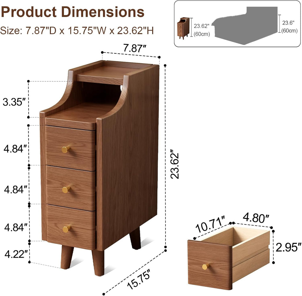 Solid Wood Narrow Nightstand with Drawers,Walnut Nightstand Wood Bedside Table Modern ,Study,Toilet