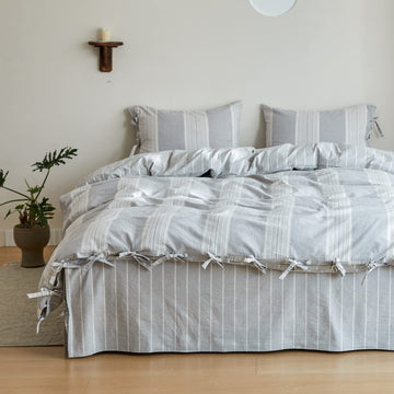 Striped Duvet Cover Set 3pcs 100% Washed Cotton Linen Like Textured with Bowknot Bow Ties Strap Reversible Breathable