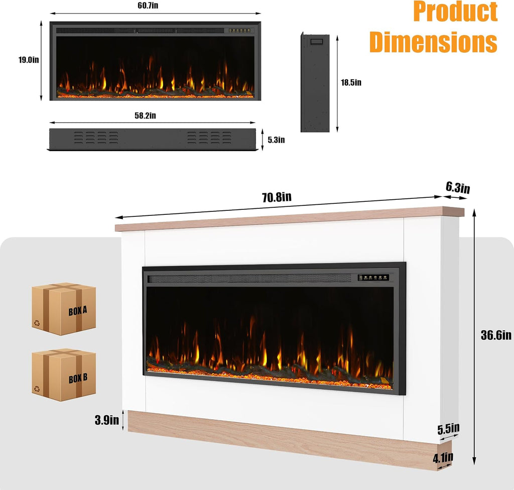 70" Electric Fireplace with Mantel for 60" Insert, Ultra-Thin 5.5" Surround, 750/1500W Heater with 12 Flame Effects