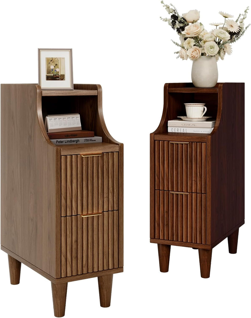 Fluted Nightstands Set of 2,Narrow Bedside Table with 2 Drawers & Storage, Farmhouse Walnut End Table Modern Side
