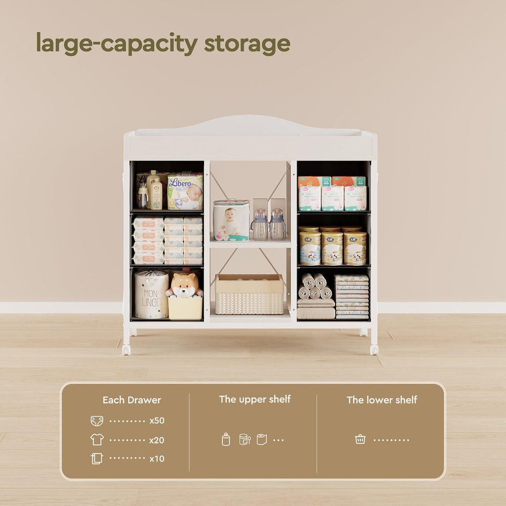 Changing Table, 6-Drawer Dresser, Adjustable Shelves, Mobile, White | Changing Table,Waterproof Diaper pad & Safety