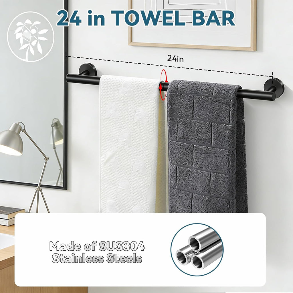 5-Piece Bathroom Hardware Set, Matte Black Bathroom Accessories Set with 24" Towel Bar, Toilet Paper Holder with