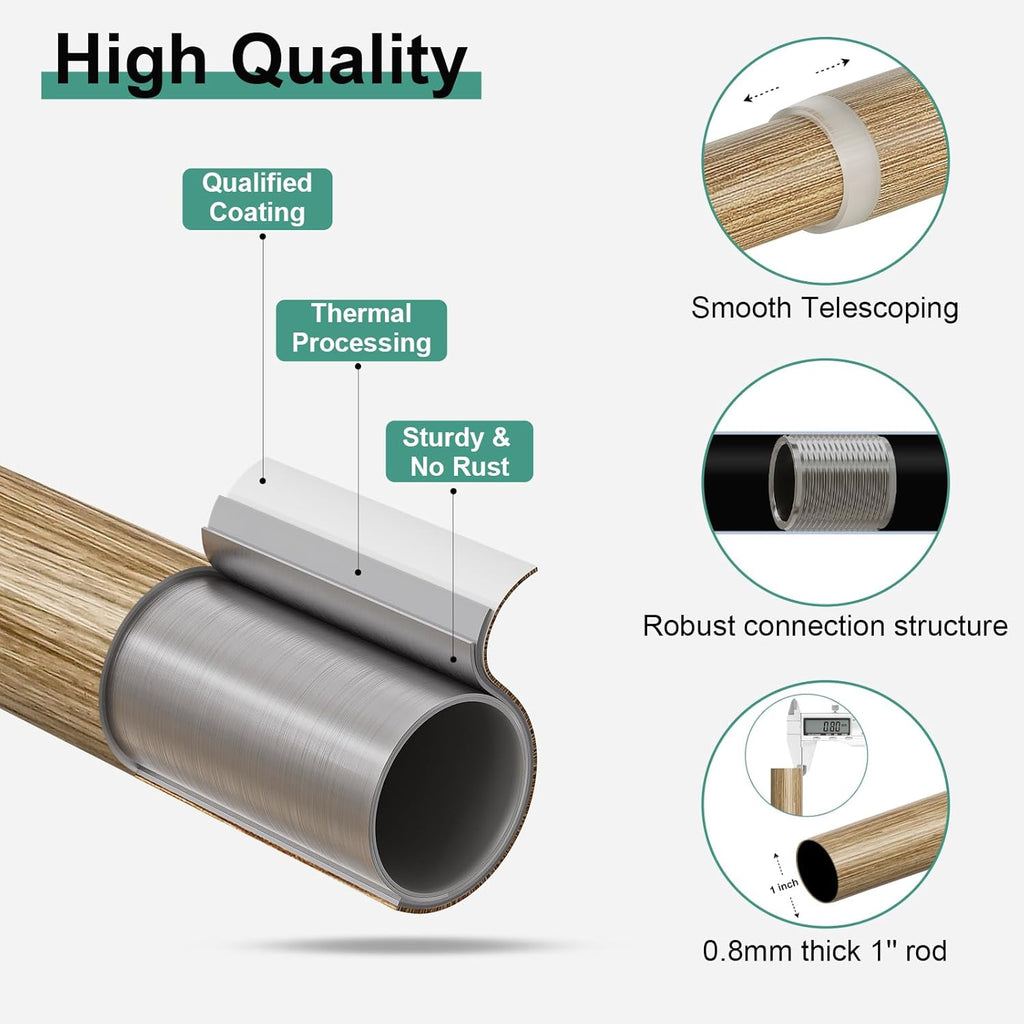 Boho Wood Curtain Rods for Windows 48 to 84 inch,1" Adjustable Heavy Duty Window Curtain Rod with Imitation Wood