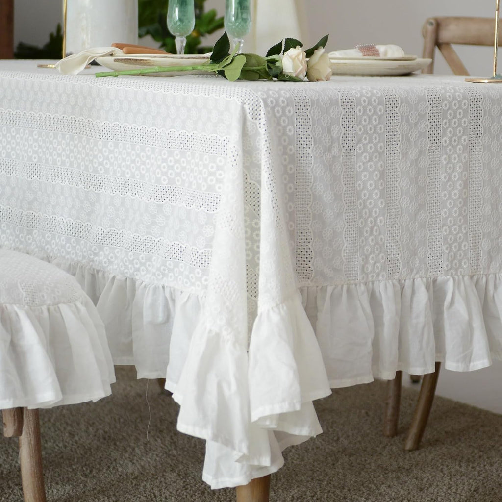 White Cotton Tablecloth Ruffled Lace Embroidered Fabric Tablecloths Rustic French Washable Table Cov