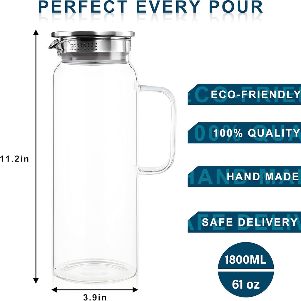 Set of 2 Glass Pitcher with Lid,2 Quart (64 oz / 1.9 Liter) Leak Proof,Glass Water Jugs, BPA-Free,Microwave &