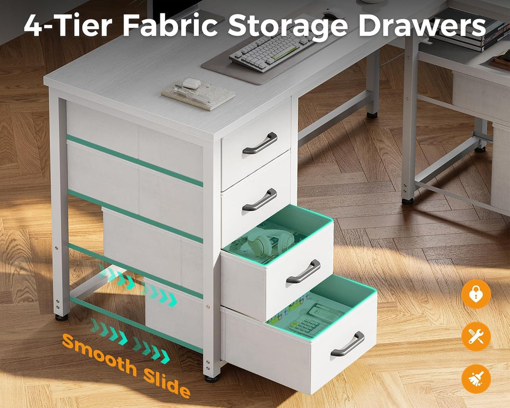 L Shaped Computer Desk with 6 Drawers & Power Outlet, 55 Inch Corner Desk with Reversible Storage Shelf & File Drawer